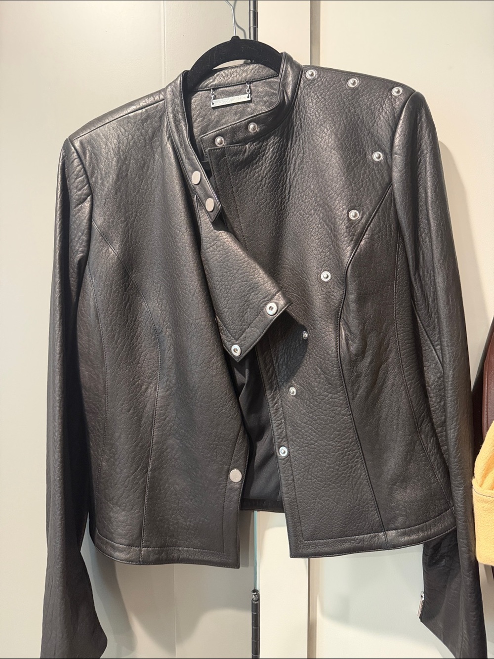Diane Von Furstenberg Black Leather Snap-Detail Jacket